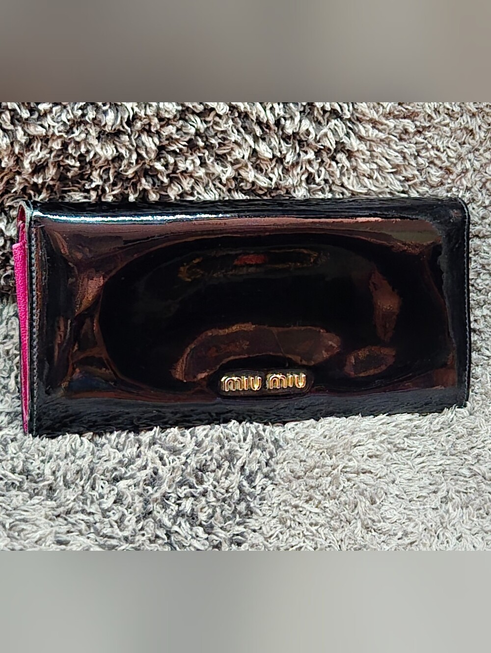 EUC Miu Miu Black Patent Leather Flap Long Wallet - Hot Pink Interior